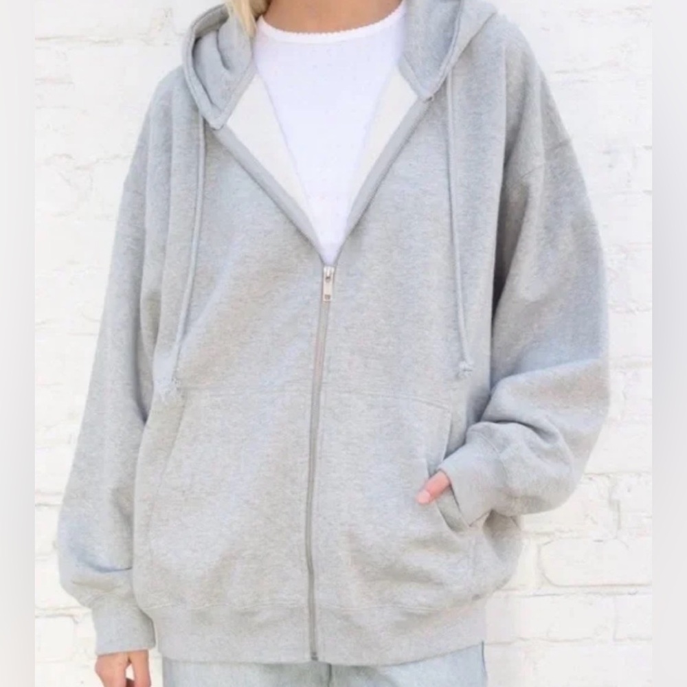 Brandy Melville Light Gray Full-Zip Hoodie Sweatshirt oversized EUC